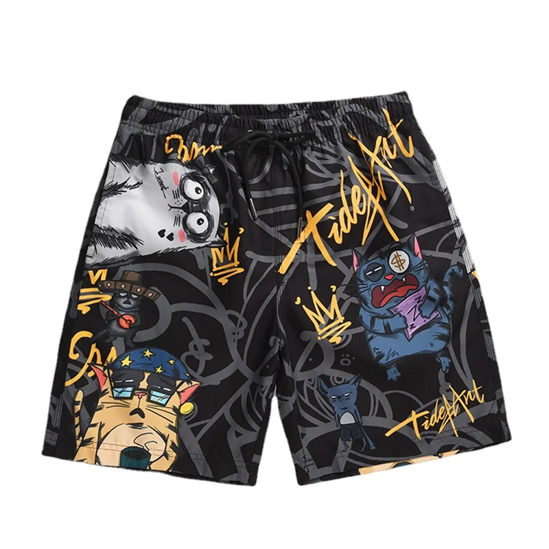 

Новинка лета 2021, повседневные пляжные мужские шорты, черные модные пятиконечные брюки, свободные камуфляжные мужские шорты с принтом кошки