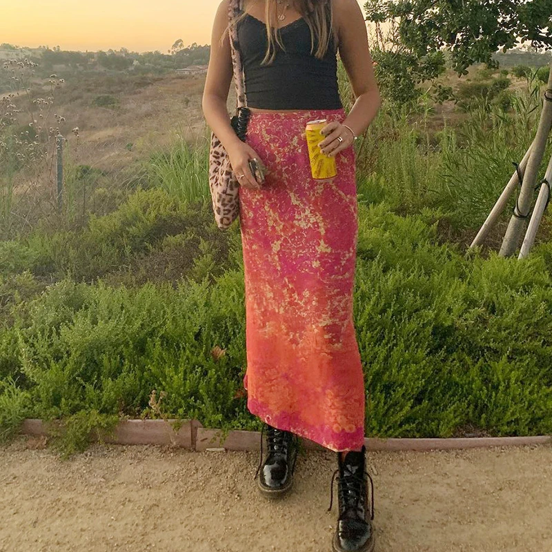 

Rapcopter Printed Long Skirts Chiffon Red Holiday Skirts y2k Fashion Beach Skirts Harajuku Cute Skirts Women 2021 New Streetwear