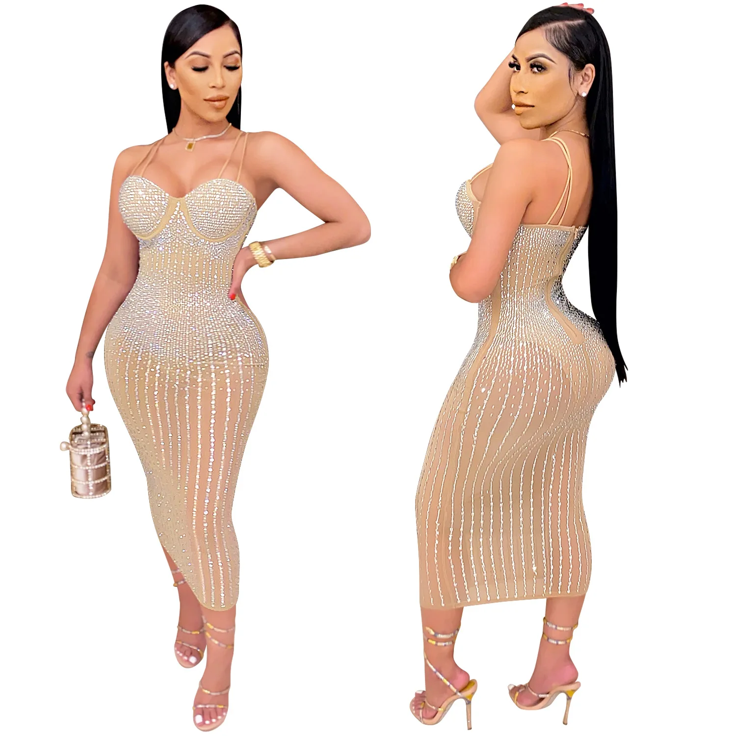 Сексуальное прозрачное Сетчатое платье со стразами без бретелек с V-образным