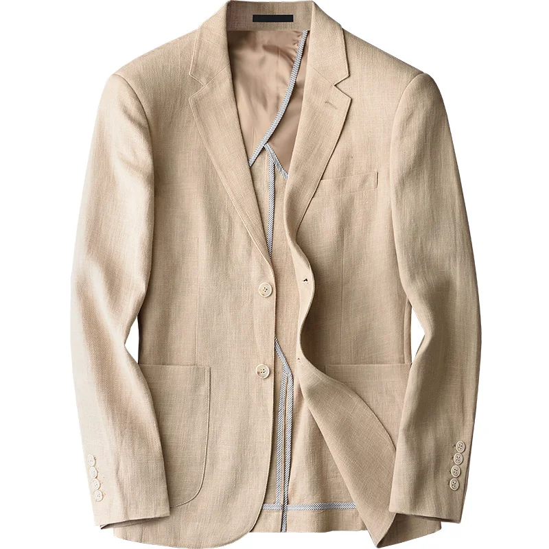 

New arrival fashion Natural Ramie Khaki Suit Casual Men Coat Single Breasted Blazer Mens high quality plus size MLXL 2XL 3XL 4XL