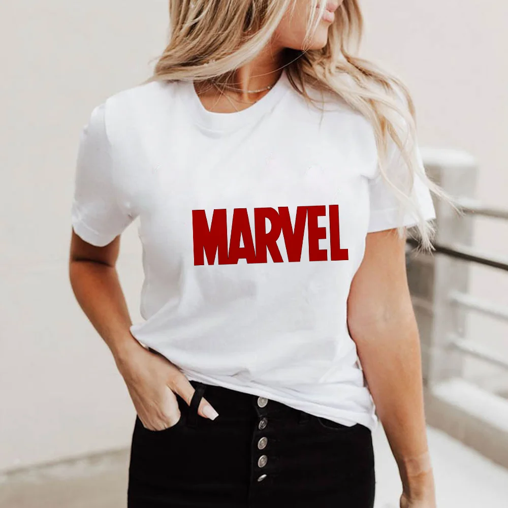 

Women T Shirts Summer Short Sleeve Casual White O-neck Tshirts Marvel Avengers Superhero Print Marvel Tshirts Lady Harajuku Tops