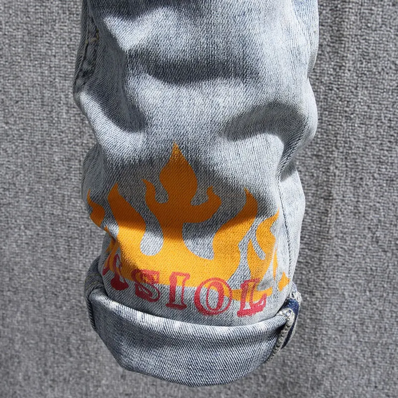 European American Street Fashion Men Jeans Retro Light Blue Slim Fit Printed Jeans Men Casual Designer Hip Hop Denim Punk Pants