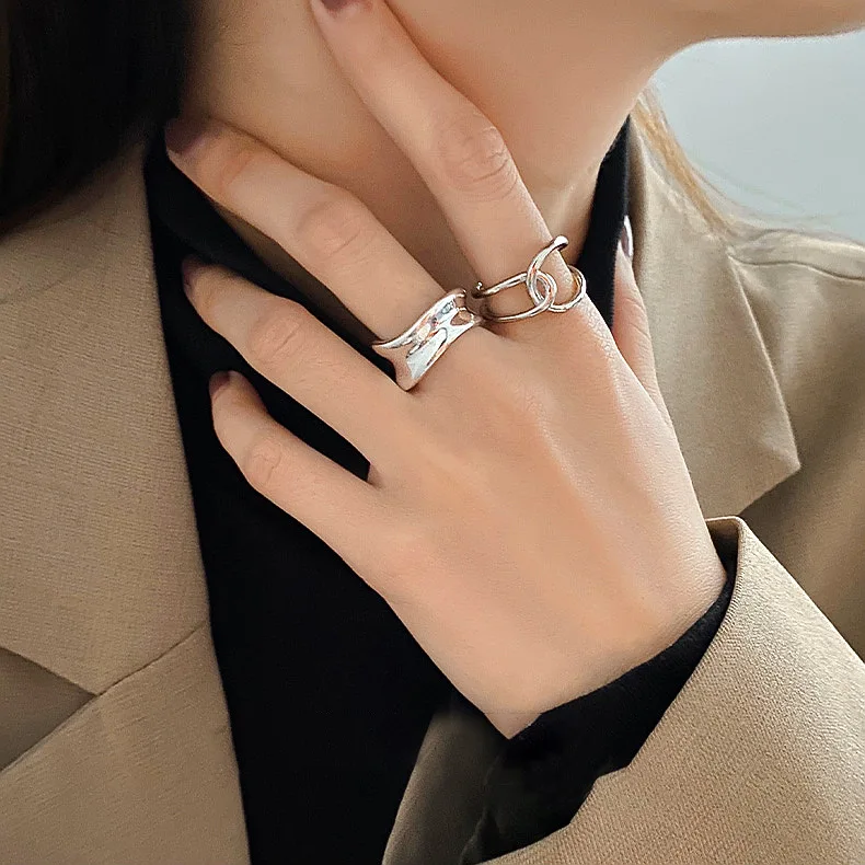 

Silver Plated 2021 Bijoux Simple Style Multilayer Line Rings Women Gift Large Open Rings Geometric Irregular Exaggerated Jewelry