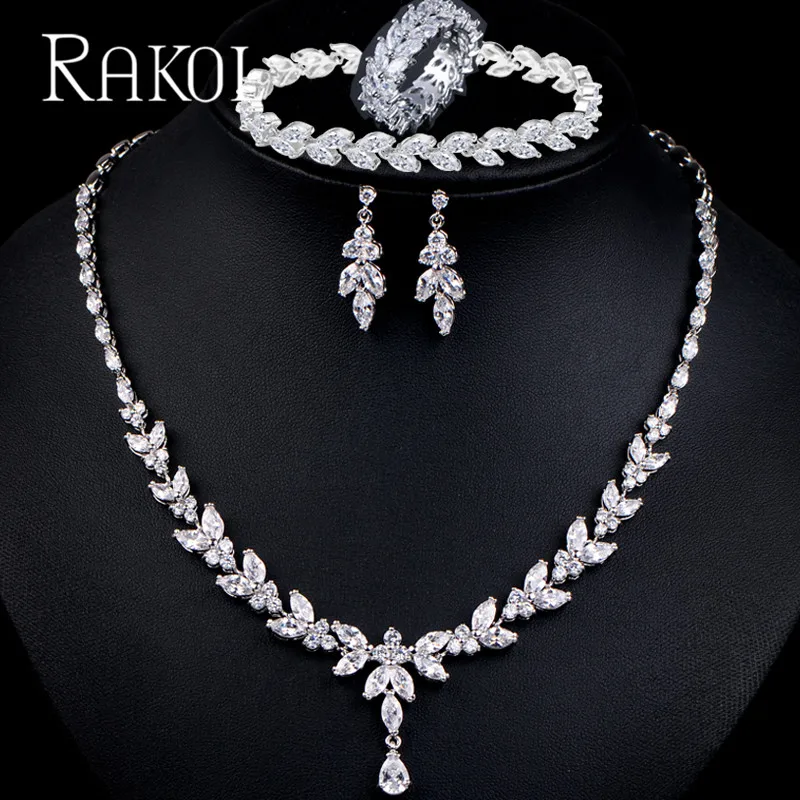 

Роскошный комплект ювелирных изделий RAKOL из Дубая в форме капли воды, ожерелье, серьги, браслет, кольцо для женщин, свадебные банкетные роман...