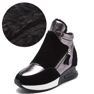 black with plush Женские зимние теплые меховые ботильоны на танкетке; женские кроссовки на молнии, визуально увеличивающие рост; модная женская замшевая обувь с коротким плюшем - Цвет: black with plush