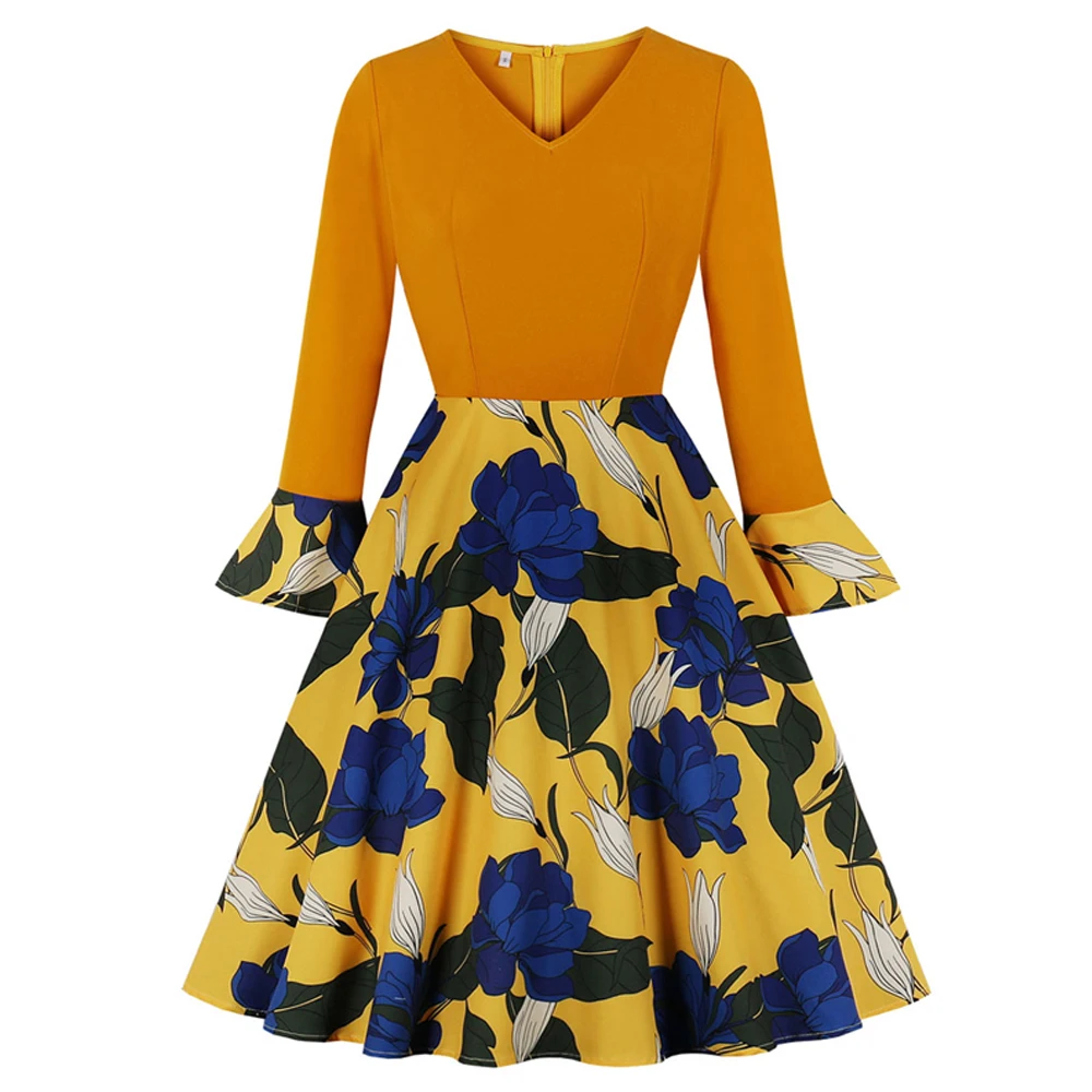 Желтая Женская гофрированная манжета с длинным рукавом платье 2019 Повседневная