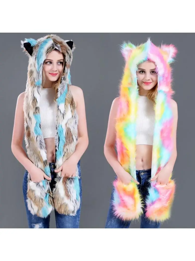 Women 3 In 1 Furry Animal Hat Scarf Gloves Mittens Multifunctional Rainbow Colorful Fluffy Plush Hoodie with Paws Ears