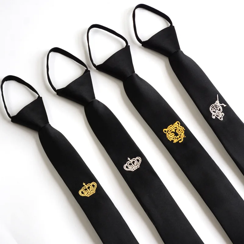 

6cm Narrow Tie Men's Lazy Necktie Business Drawstring Easy Embroidery Crown Black Style Bee Tiger College British Neckwear