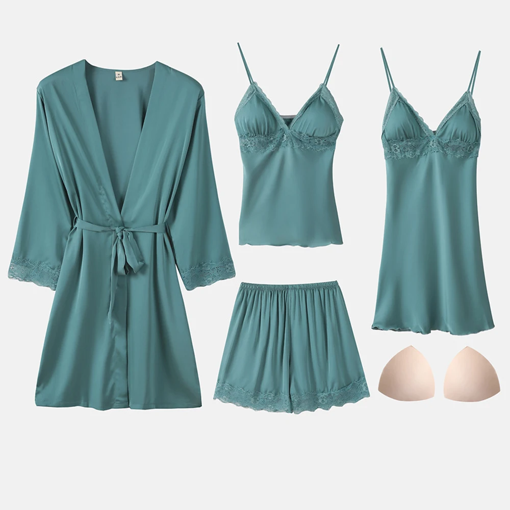 

Korean Version Of The New Four-piece Sexy Ice Silk Pajamas Ladies Lace Chest Pad Home Service Silk Pajamas Set