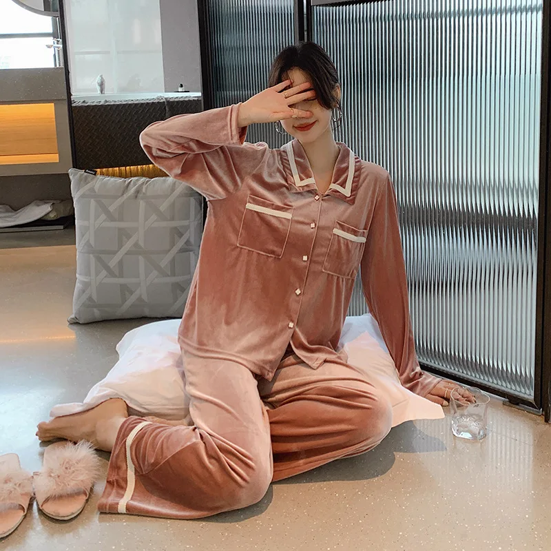 

2 PCS Shirt&Pant Velvet Pajams Set Women Autumn Winter New Pijamas Suit Long Sleeve Velour Loose Home Clothes Pyjama Pour Femme