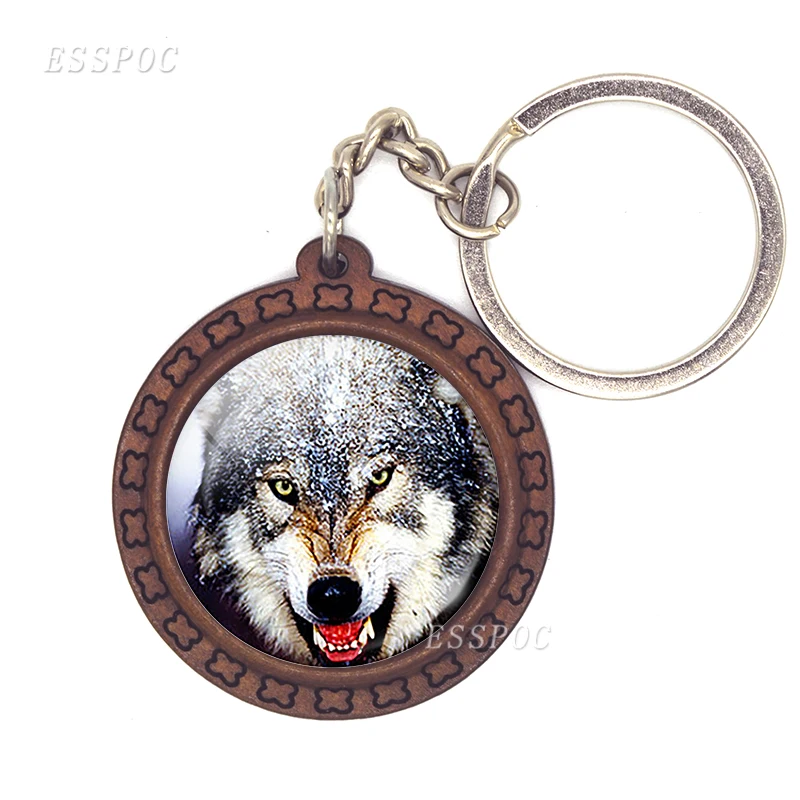 Винтажный деревянный брелок с волком Воющий На Луну стеклянный кабошоном -