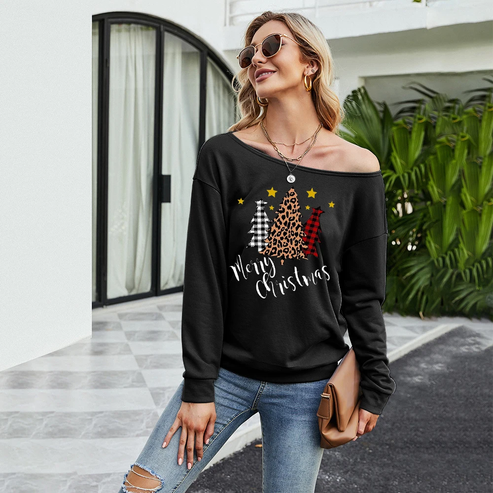 

Womens Blouses Casual Long Sleeves Off Shoulder pullover Tee Tops Casual Print Blouses 2022 Christmas Clothes