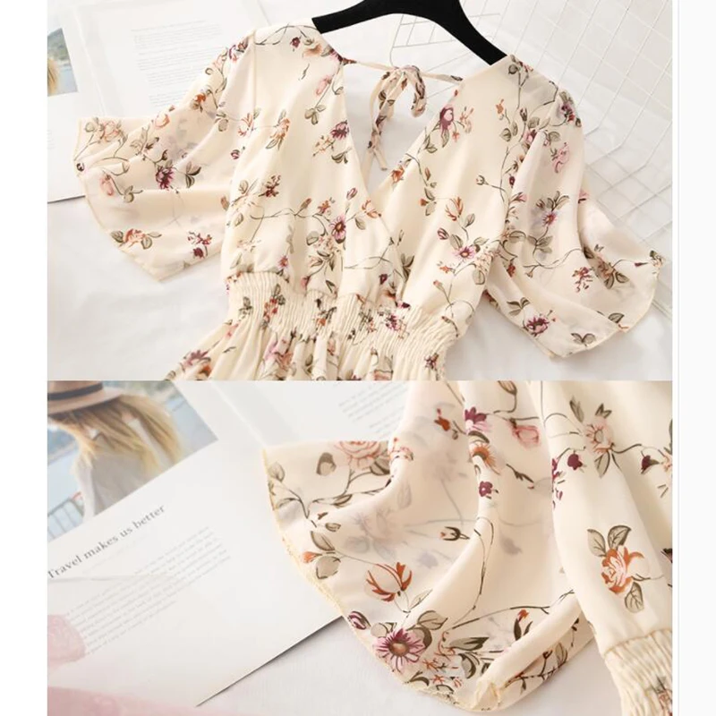 

2021 Summer Women Ruffled Short-sleeved Chiffon Dress V-neck High Waist Floral Print Beach Midi Dresses Backless Sexy Vestidos