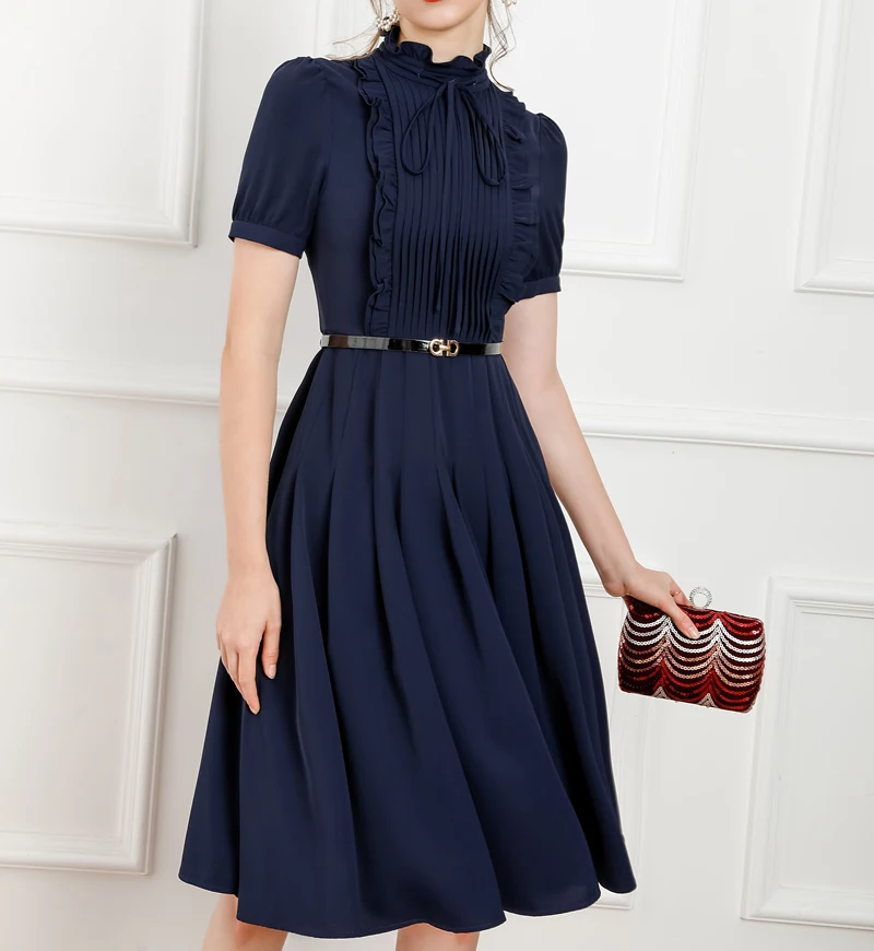 

2021 New Solid Women Patchwork Dress Elegant Short Sleeve Pleated Dresses 3230