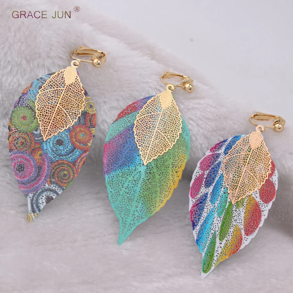 Бренд GRACE JUN высококачественные красочные медные серьги клипсы с двумя листьями