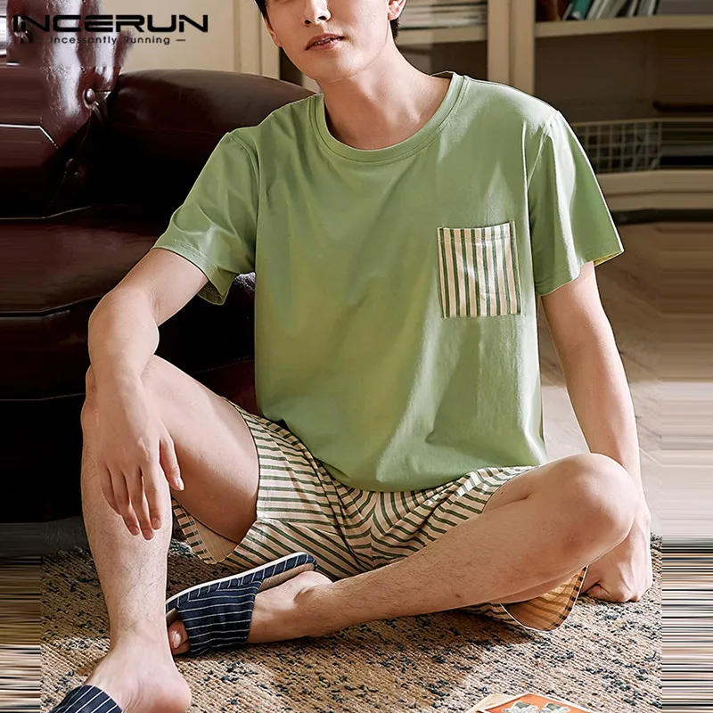 

INCERUN Summer Men Pajamas Sets Homewear Striped Patchwork Sleepwear Shorts Comfortable Leisure 2 Pieces Soft Men Nightwear Sets