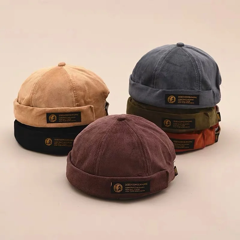 

2021 New Fashion Hot Style 6 Colors Unisex Brimless Cap Corduroy Docker Beanie Hat Rolled Cuff Retro Skullcap for Men Women