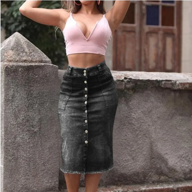 2020women saia jeans feminina wash nail button джинсовая юбка Облегающая | Женская одежда