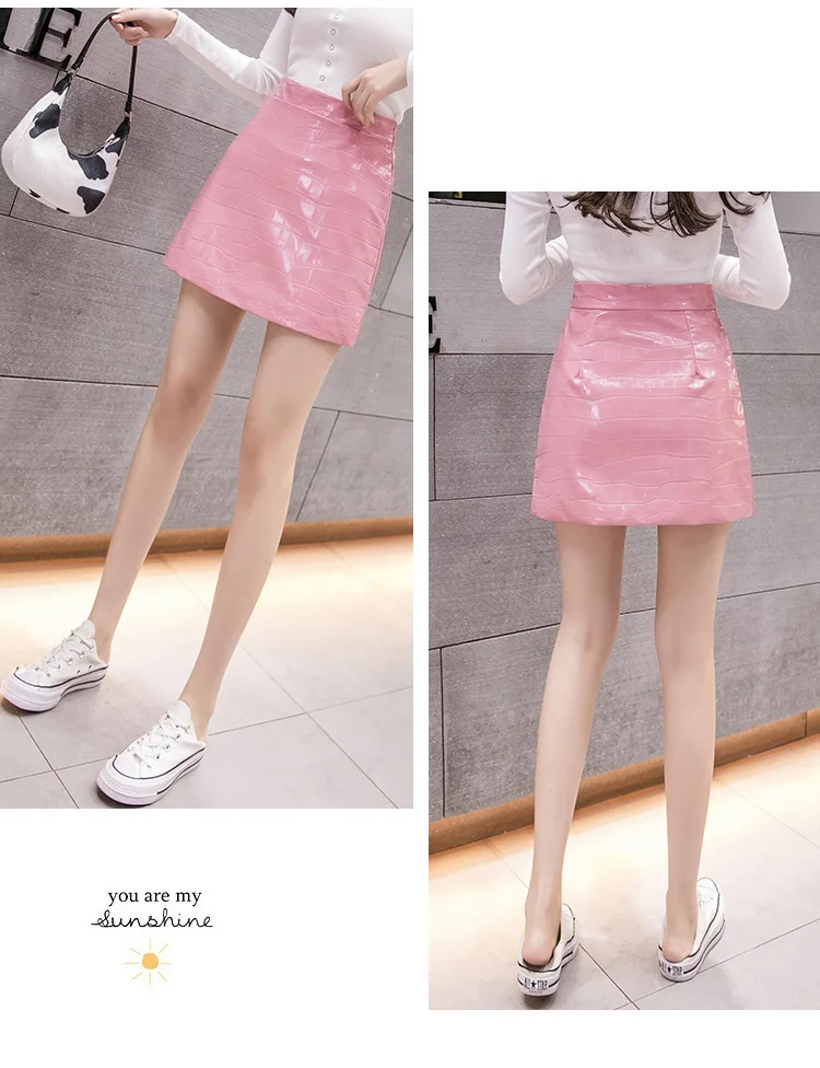 

Vintage Mini PU Skirts Women Autumn High Waist Pencil Skirt Female Lady Pink Black Short Skirt QZ0152