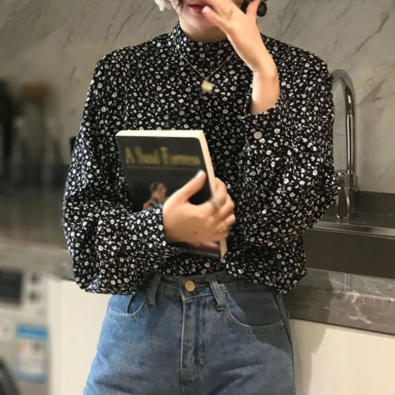 

2021 Spring Retro Floral Long Sleeves Chiffon Shirt Tops Women's Half Turtleneck Blouses Female Shirts /