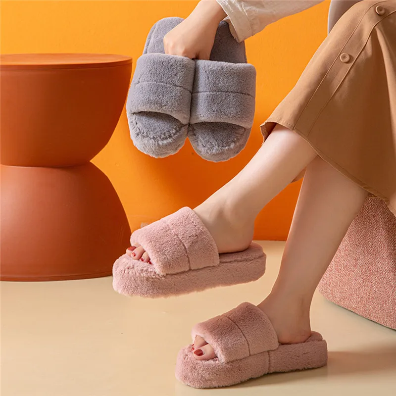 

2021 Winter Women House Slippers Faux Fur Warm Platform Shoes Female Slip On Home Furry Ladies Slippers Solid Color Wholesale