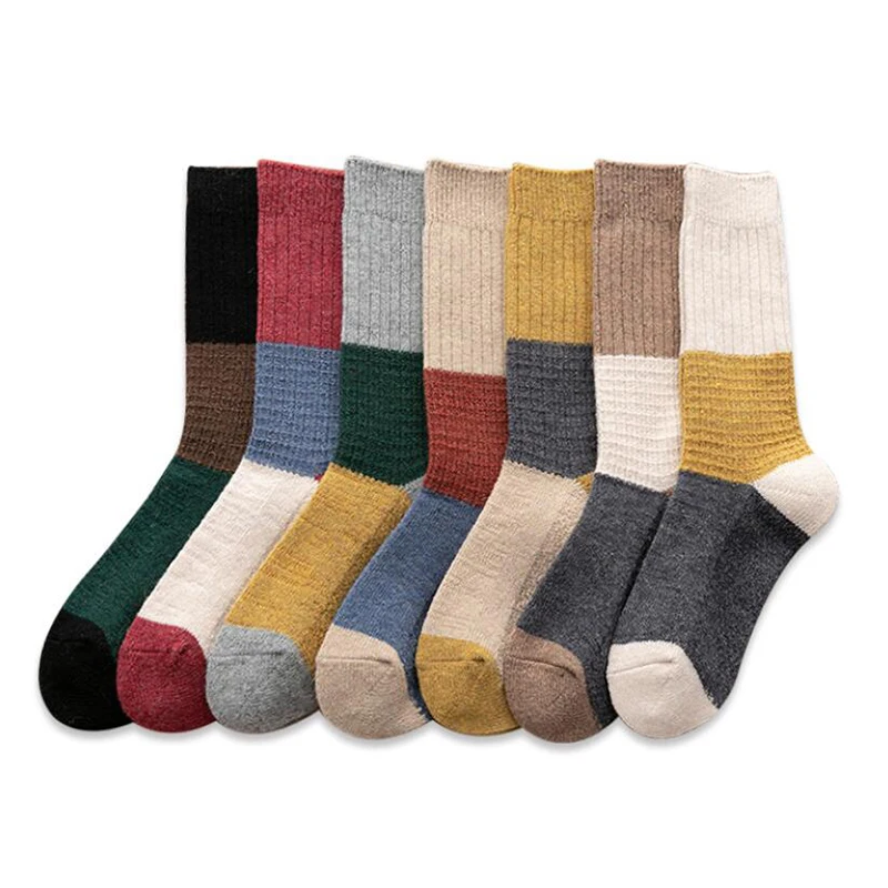 

Winter Women's Thicken Warm Harajuku Retro Color Combination Hemming High Quality Wool Fashion Cashmere Cotton Socks Patchwork