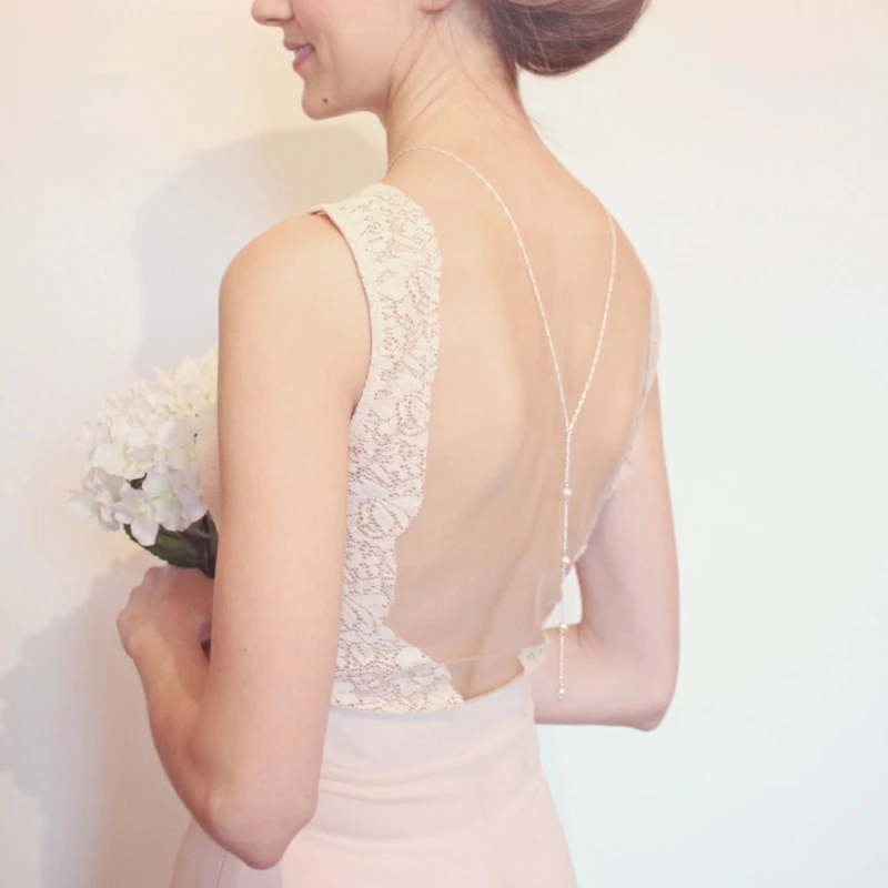 

Wedding Bridal Backdrop Necklace Simulated Pearls Back Chain Bikini Bodychain