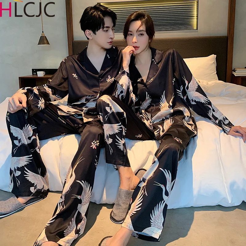 

New Lovers Silk Red-crowned Crane Print Pajamas Set Long Sleeve Casual Sleepwear Couple Nightwear Men & Women Loungewear M-3XL