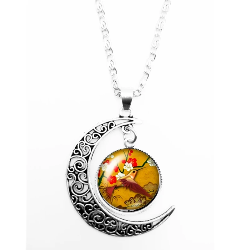 2020 New Cartoon Cute Bird and Flower Pattern Series Glass Cabochon Pendant Moon Necklace Girl Jewelry Gift | Украшения и