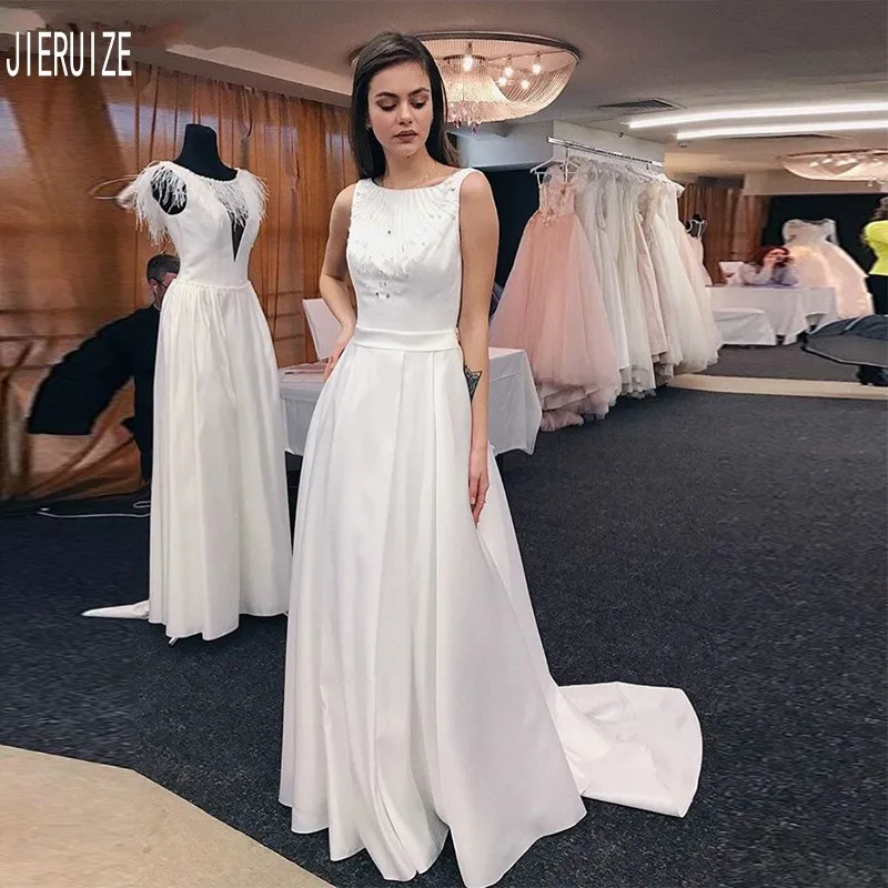 

JIERUIZE Fashion Design Wedding Dresses A Line Scoop Neck Open Back With Beading Bridal Gowns Full Length vestido de noiva