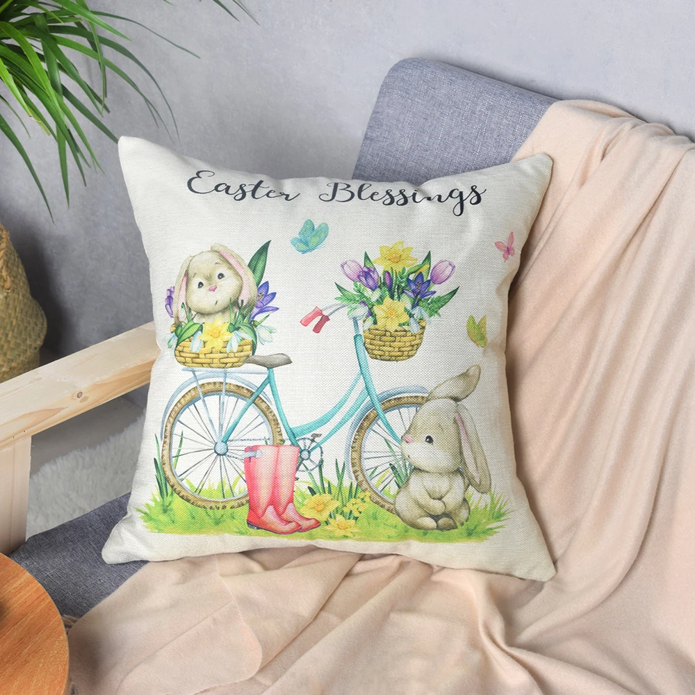 2022 spring easter home decor cushion cover square linen pillow cover 18x18 inch cartoon bunny easter eggs printed pillowcase free global shipping