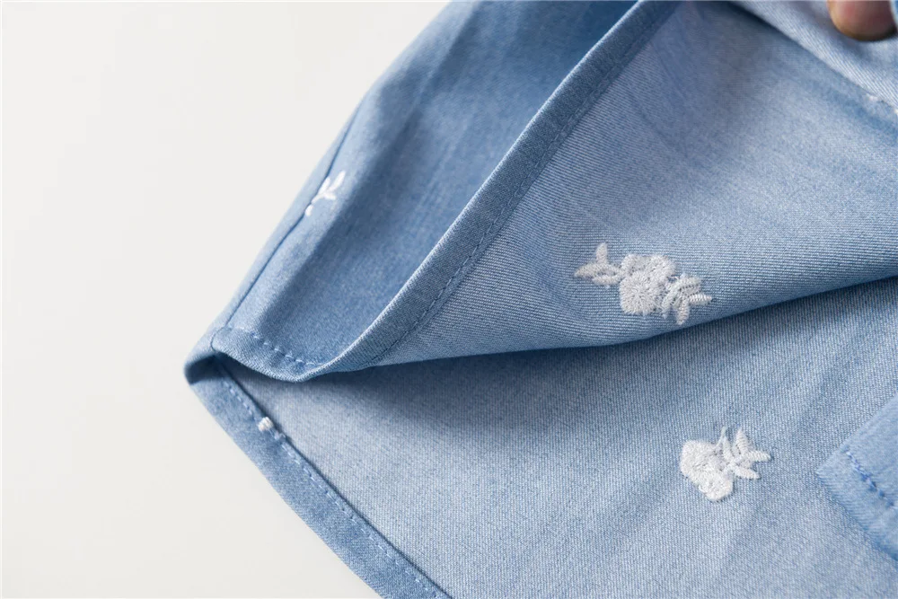 

2021 new small fresh tencel pure cotton denim blue embroidered puff sleeve straight temperament shirt female summer