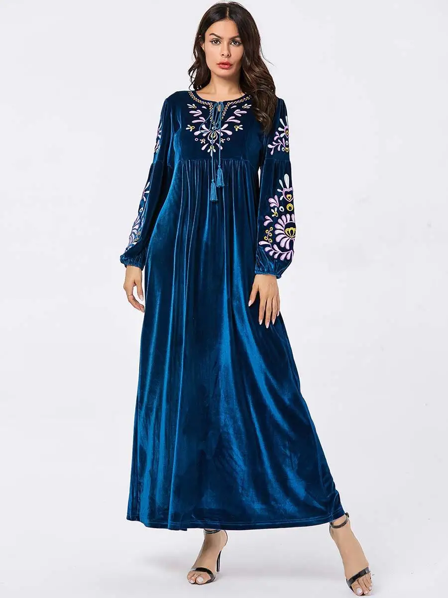 Мусульманское женское бархатное платье abaya с цветочной вышивкой длинный рукав