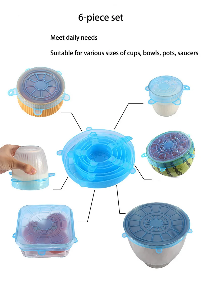 

6piece Silicone Fresh-keeping Cover Reusable Reusable Kitchen Accessories Silicone Food Cover Silicone Fresh-keeping Sleeve