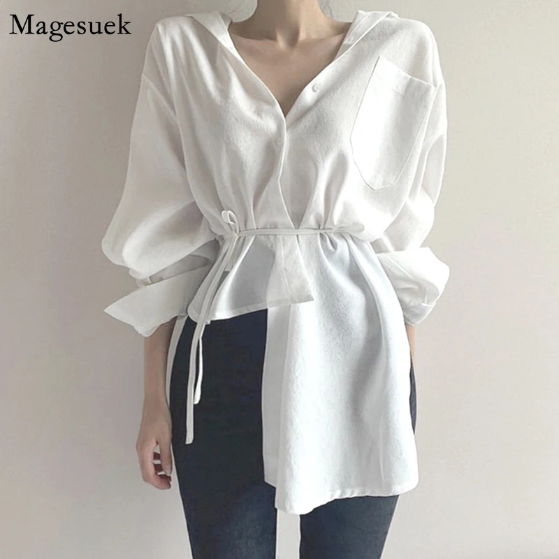 

Autumn Korean Style Lace-up White Shirt Women V-neck Cardigan Button Up Shirt Irregular Casual Long Sleeve Top Women Blusa 11677