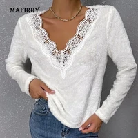 casual women solid slim chic blouse 2022 spring autumn long sleeve pullover tops elegant female lace v neck office shirt blusa
