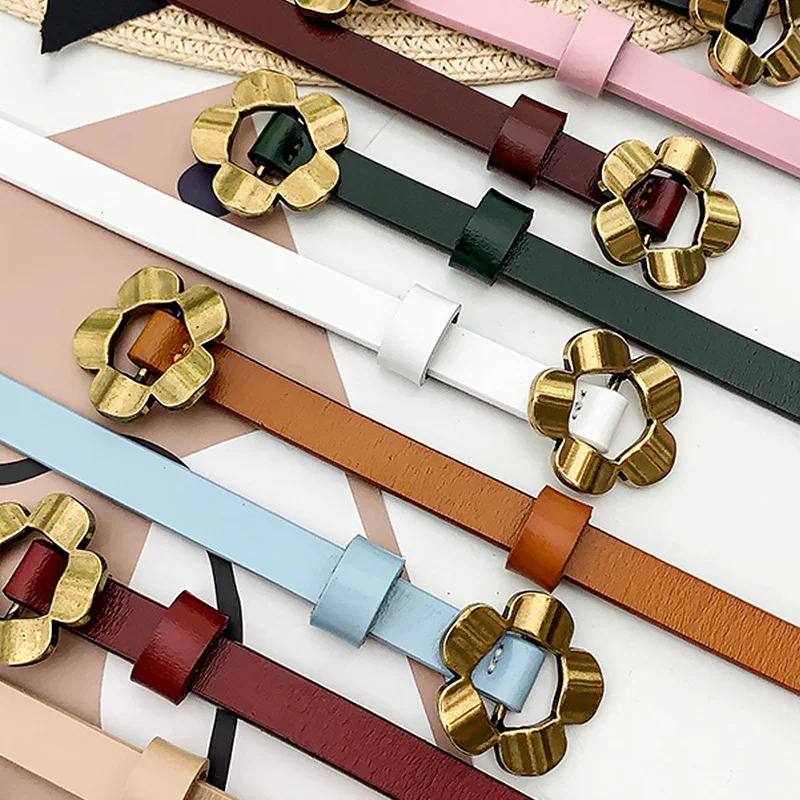 

Fashion Women Metal Flower Buckle PU Leather Belts Candy Color Thin Adjustable Waistband Dress Cummerbunds Waistbands Gifts