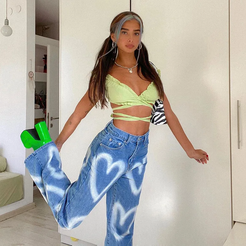 

European and American fashion women's new high waist thin love graffiti printing straight casual street style jeans