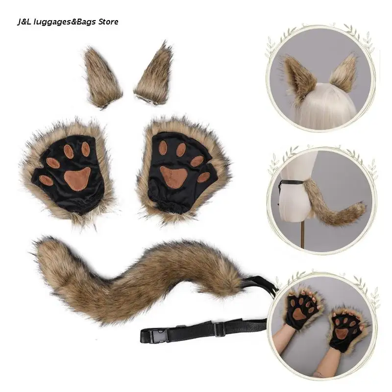 

M68C 5 Pieces Animal Roleplay Furry Set Puppy Ears Headwear Gloves Long Fur Wolf Tail
