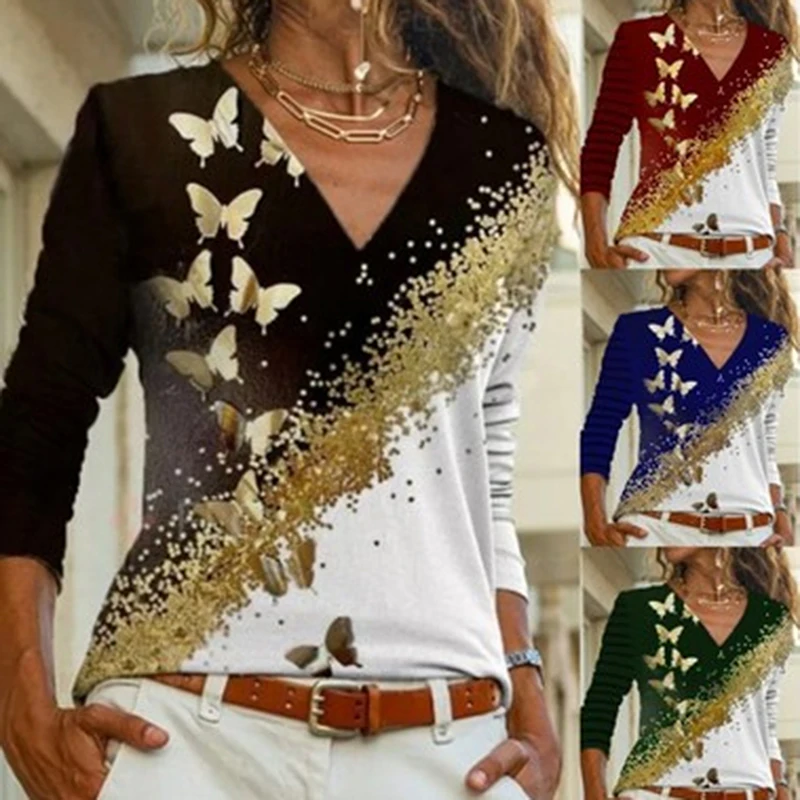 

Autumn Clothes for Women 2021Trending Casual V Neck Long Sleeve Elegant Gold Butterfly Print Tunic Tops Female Tee T Shirt Femme