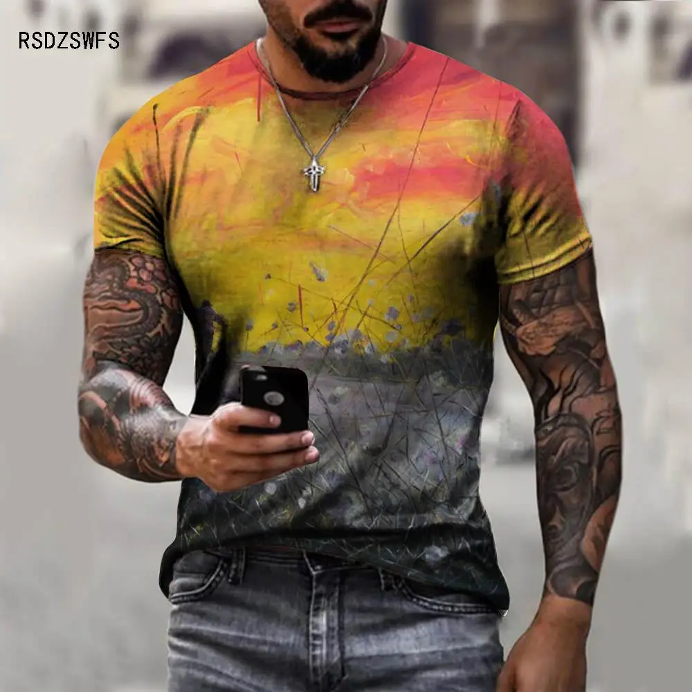 

Summer 3D Print T Shirt Men Oil Painting Natural Scenery Sleeves Male Clothes Street Fashion Casual O Neck Tees Breathable Tops