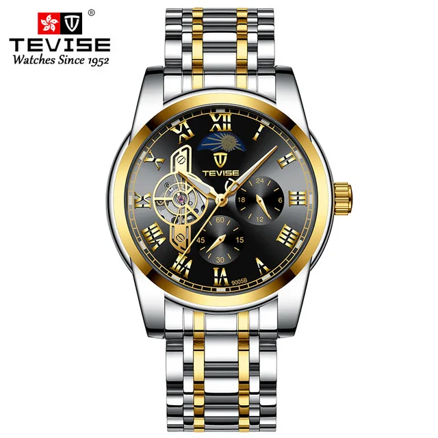 TEVISE Модные мужские спортивные автоматические часы Топ люксовый бренд Tourbillon часы из нержавеющей стали Мужские механические часы Relogio - Цвет: gold black