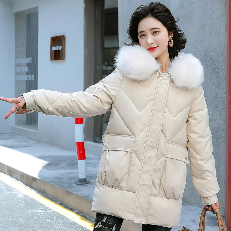 

Повседневные зимние пуховые куртки из хлопка, женские длинные парки, пальто с меховым воротником и капюшоном, свободная Толстая зимняя курт...