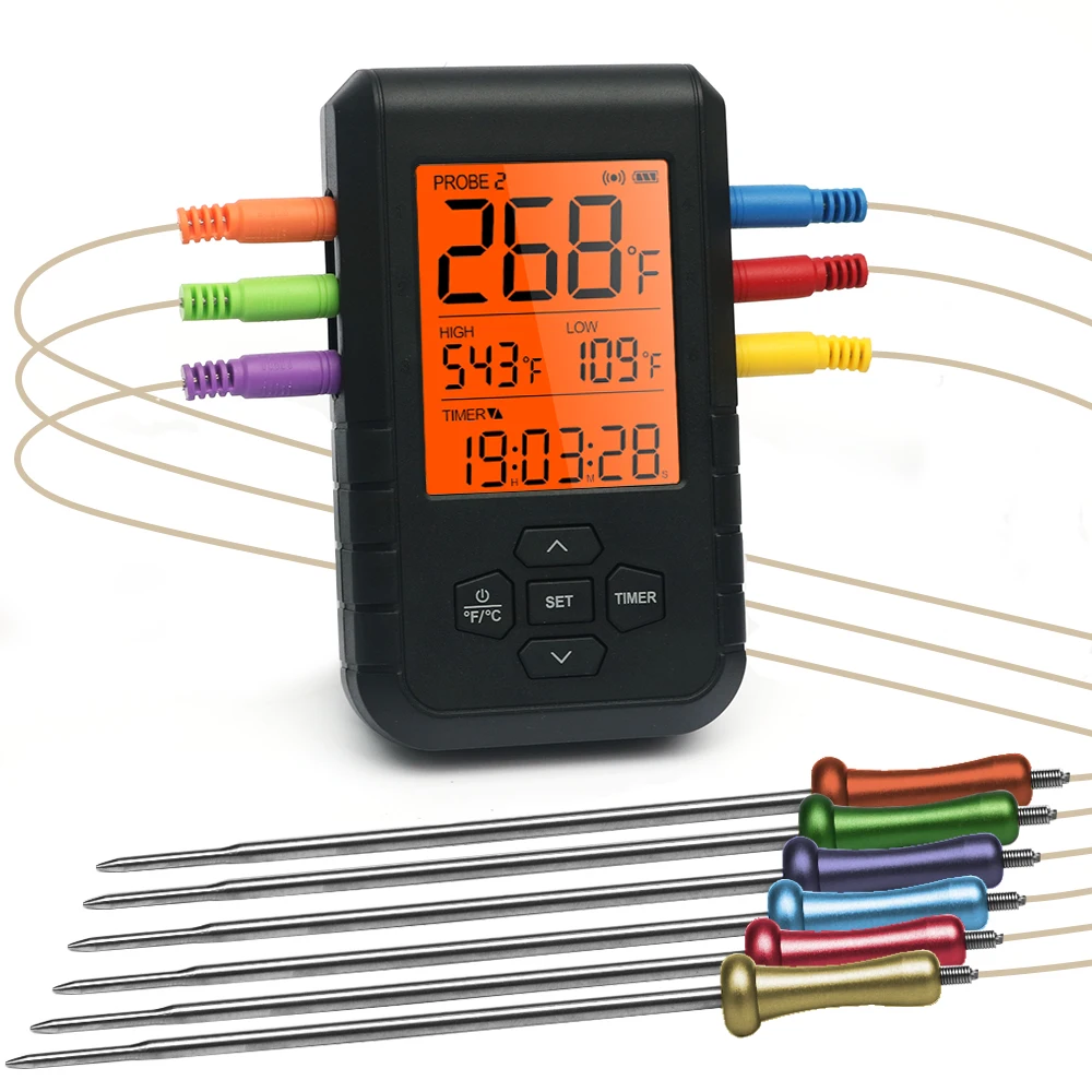 

Kitchen BBQ Grill Barbecue Cooking Food Meat Thermometer Smoker Smart Wireless Remote Digital 6 Probes