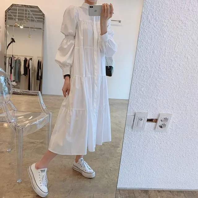 

Sweet Korean Style French Spring Dress Simple Girl Mid-Length Long Sleeve Dress Loose Slimming Elegant Shirt Dress