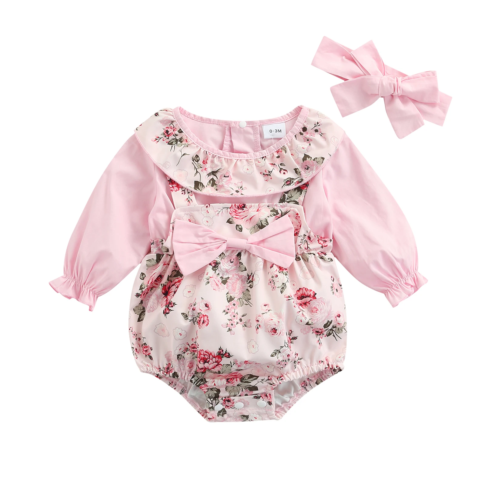 

Комбинезон Emmababy с цветочным принтом для девочек, с длинным рукавом, круглым вырезом и бантом, поддельные подтяжки, короткие с повязкой на го...