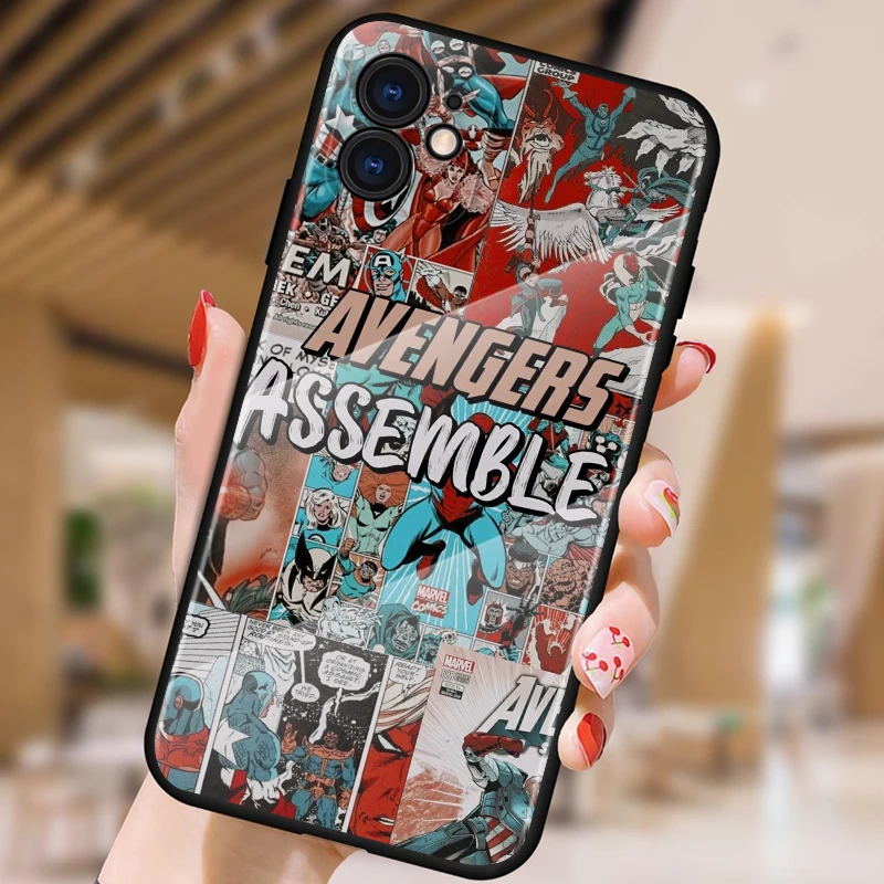 Tempered Glass Cover Marvel retro comic superhero For Apple iPhone 12 11 8 7 6 6S XS XR SE X 2020 Pro Max Mini Plus Phone Case | Мобильные
