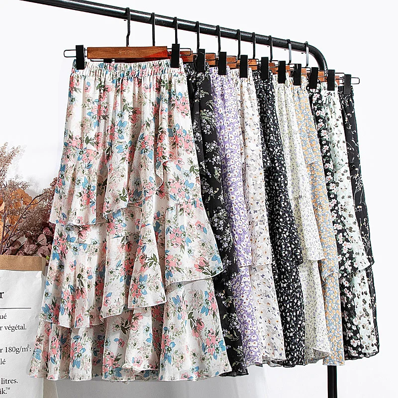 

Летняя Милая Цветочная длинная шифоновая юбка, асимметричная шифоновая трапециевидная юбка с оборками и цветочным принтом