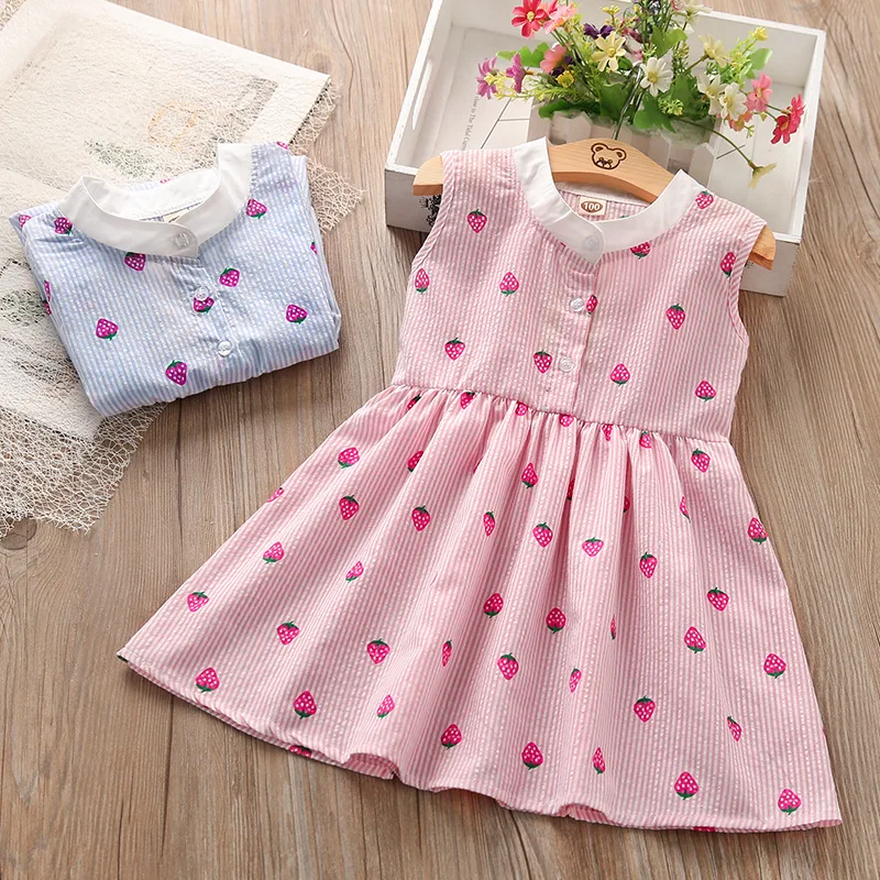 

Tutu Dress Kids Summer Cotton Fruit Strawberry A-Line Sleeveless Mini Dress Casual Clothes Pink Blue 1 2 3 4 Years Old