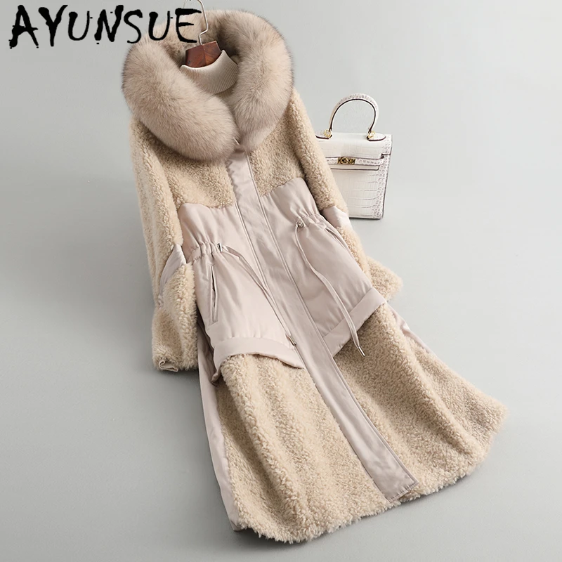 

AYUNSUE Real Fur Coat Female Sheep Shearling White Duck Down Jacket Women Winter Clothes 2020 Long Sheep Fur Down Woman Parkas